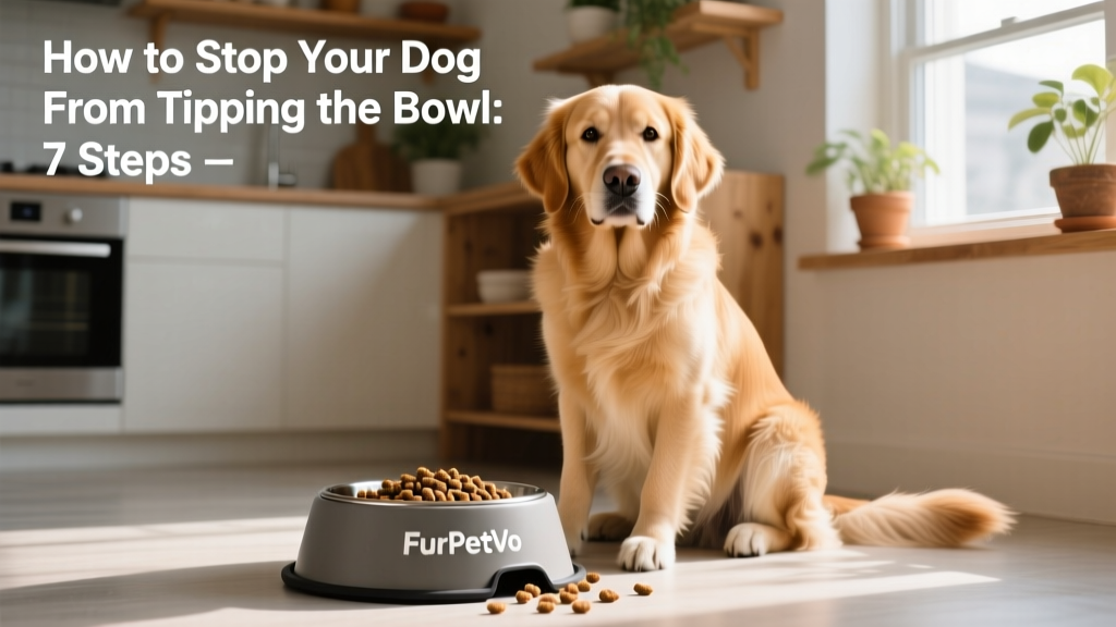 Happy dog sitting calmly beside a FurPetVo anti-tip bowl filled with food, tail gently wagging