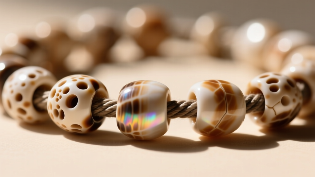 Macro shot of authentic puka shell beads strung on durable nylon thread, showing natural pores and textures under bright sunlight.