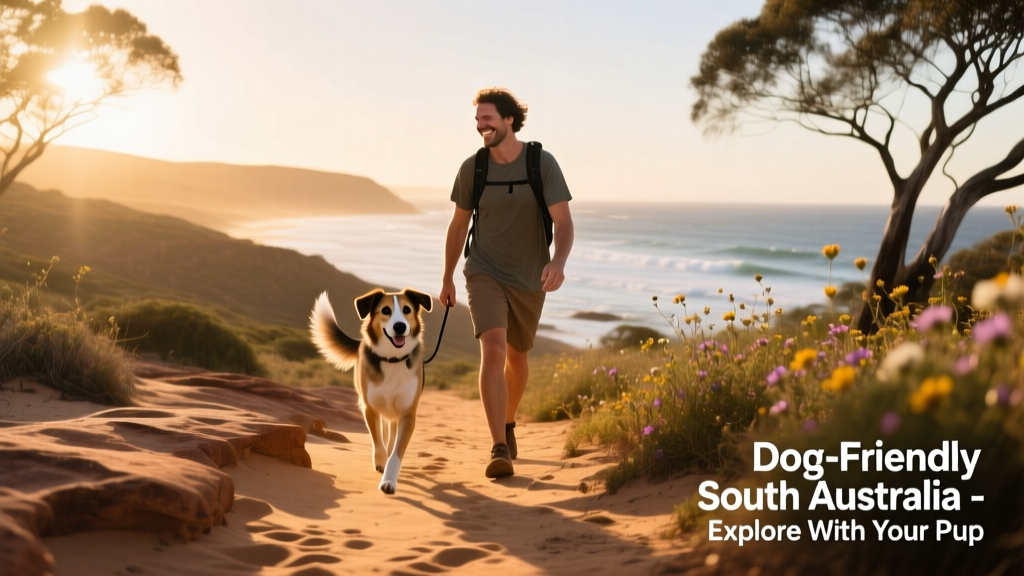A pet parent and dog hiking along a scenic coastal trail in South Australia.