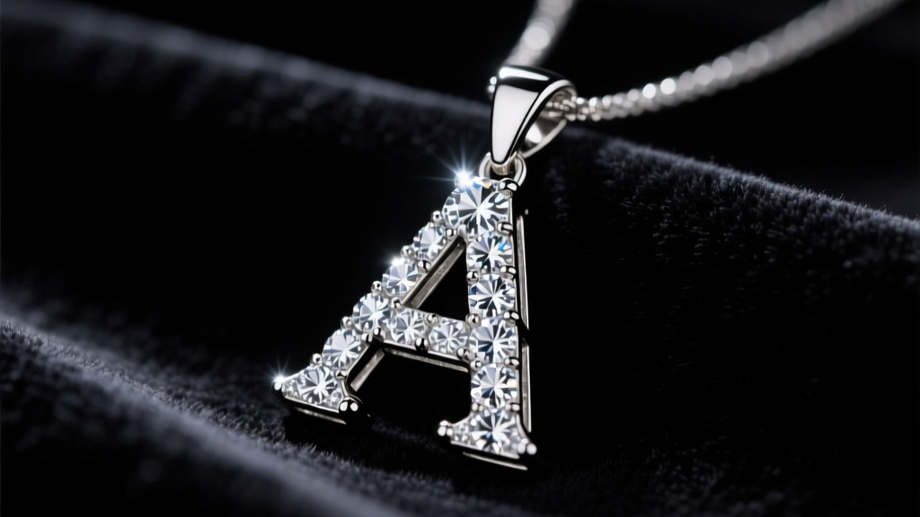 Close-up of a custom diamond-encrusted letter A pendant resting on dark velvet, illuminated by dramatic studio lighting.