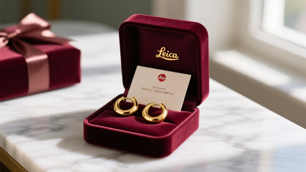 Elegant gift wrap scene with a velvet box open to reveal gold huggie hoops and a monthly subscription card on a marble surface.
