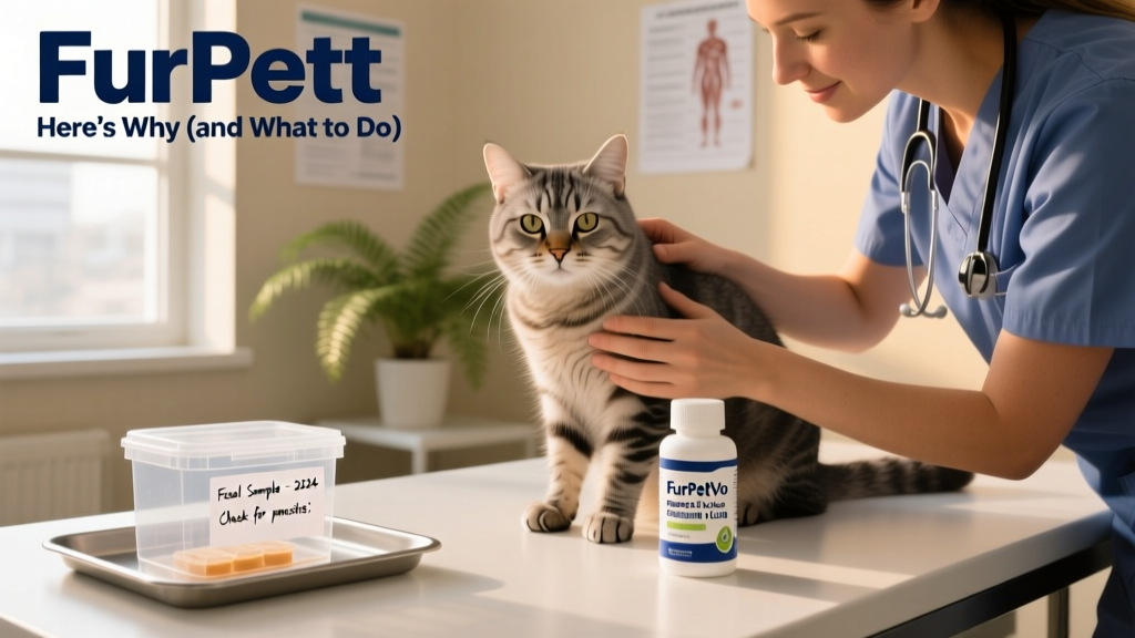 A veterinarian gently examining a calm cat on an exam table, with a stool sample container and FurPetVo probiotic supplement visible nearby