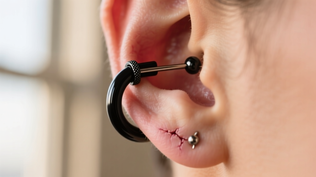 Macro shot of a 14-gauge black anodized niobium seamless clicker hoop earring installed in a healed helix cartilage piercing.