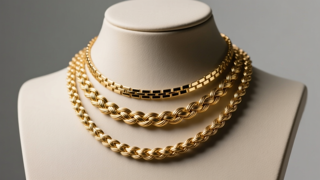 Close-up of three layered gold necklaces with box, rope, and cable weaves resting on a mannequin bust under studio lighting.
