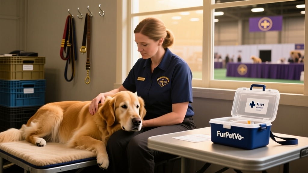 A handler calmly comforting a relaxed Golden Retriever backstage at Westminster, with FurPetVo-branded first aid kit visible nearby