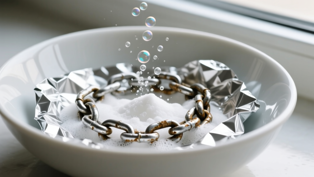 Macro shot of a tarnished silver chain on aluminum foil in a bowl, with baking soda and hot water creating a fizzing reaction.
