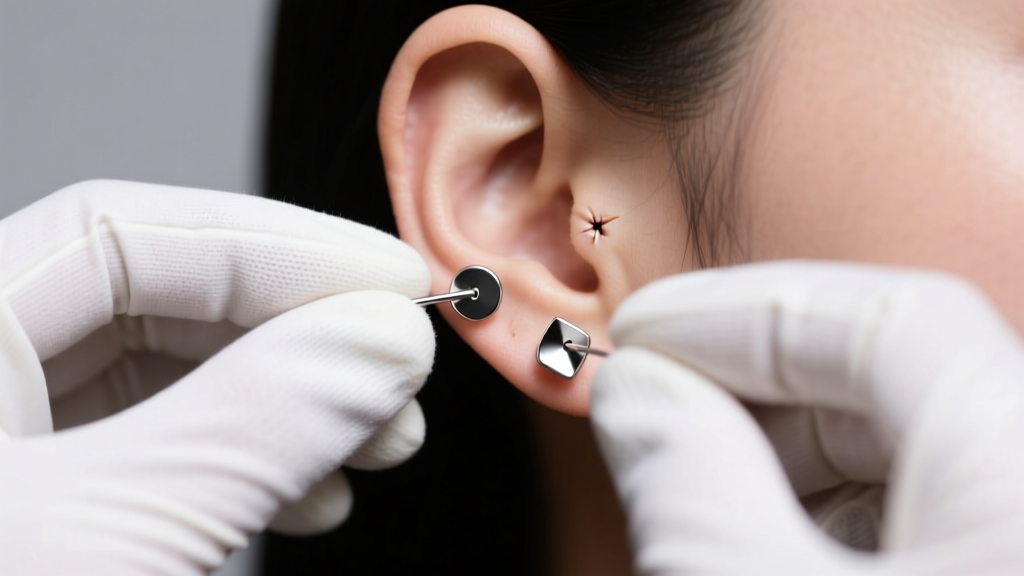 Gloved hands carefully twisting a 14g titanium flat back earring from a healed ear piercing under bright studio lighting.