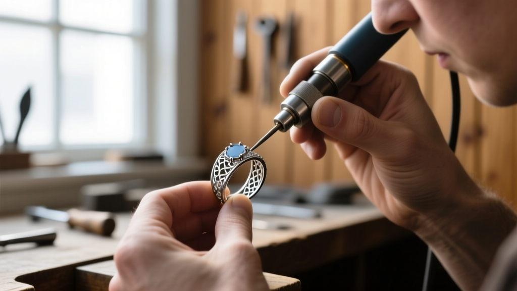 Jeweler using a laser welder to resize a delicate Edwardian platinum filigree ring without damaging the antique patina