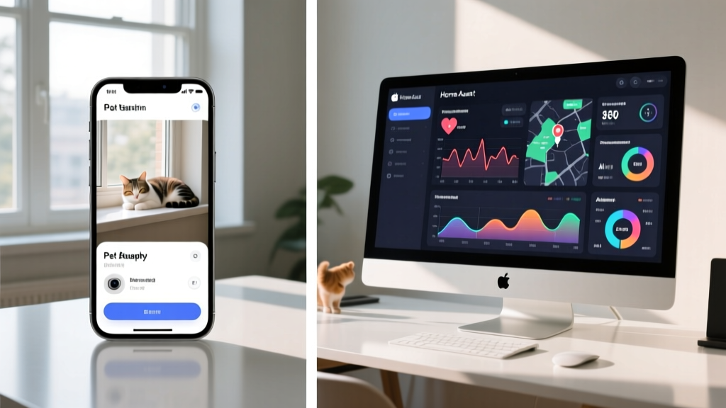 Split-screen workspace showing a basic smartphone pet camera app on the left and a complex Home Assistant dashboard with pet telemetry on the right