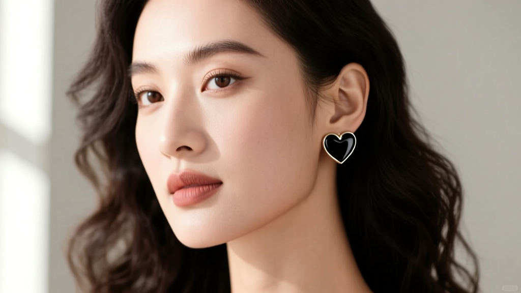 Profile of a woman wearing classic black enamel Kate Spade heart stud earrings, illuminated by soft natural window light