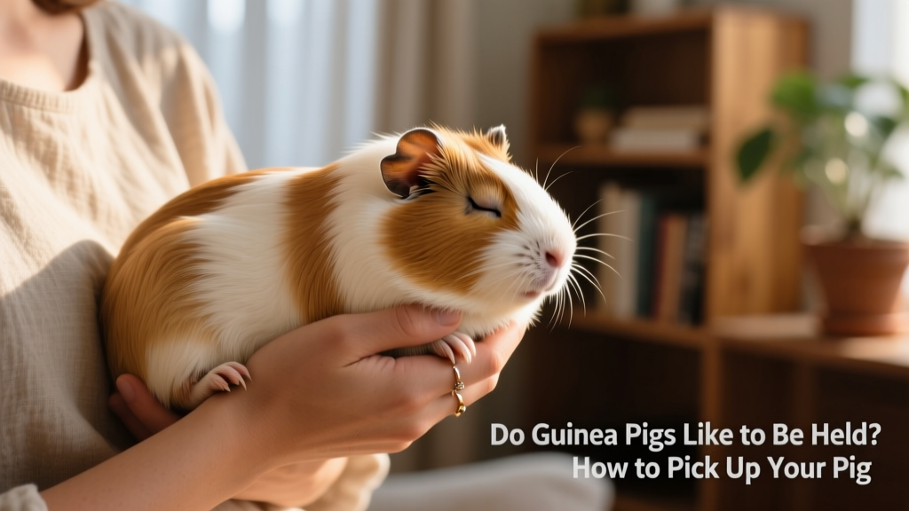 A calm guinea pig resting gently in a person's hands, supported securely against their chest