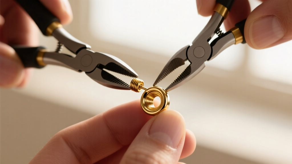 Close-up of soft pliers tightening the internally threaded ball of a 16-gauge gold cartilage BB earring on a jeweler's work mat.