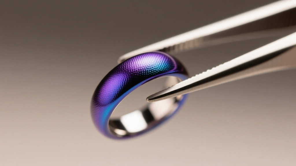 Close-up of a niobium bead ring with a purple-blue anodized finish, held by steel tweezers against a softly blurred gray background