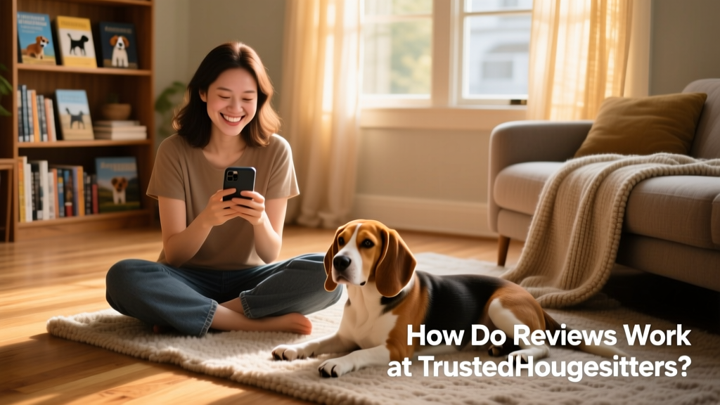 Person smiling while holding a phone beside a relaxed Beagle on a cozy living room floor