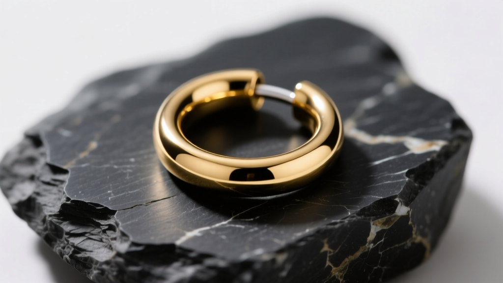 Macro shot of a 16-gauge titanium cartilage hoop with gold PVD coating, resting on a piece of raw, textured black slate stone.