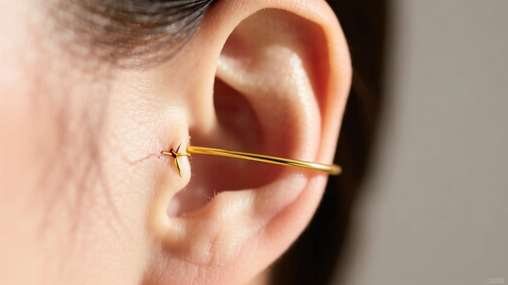 Close-up of a delicate 24-gauge 14k yellow gold wire through a healed earlobe, highlighting the thin metal against soft skin tones.