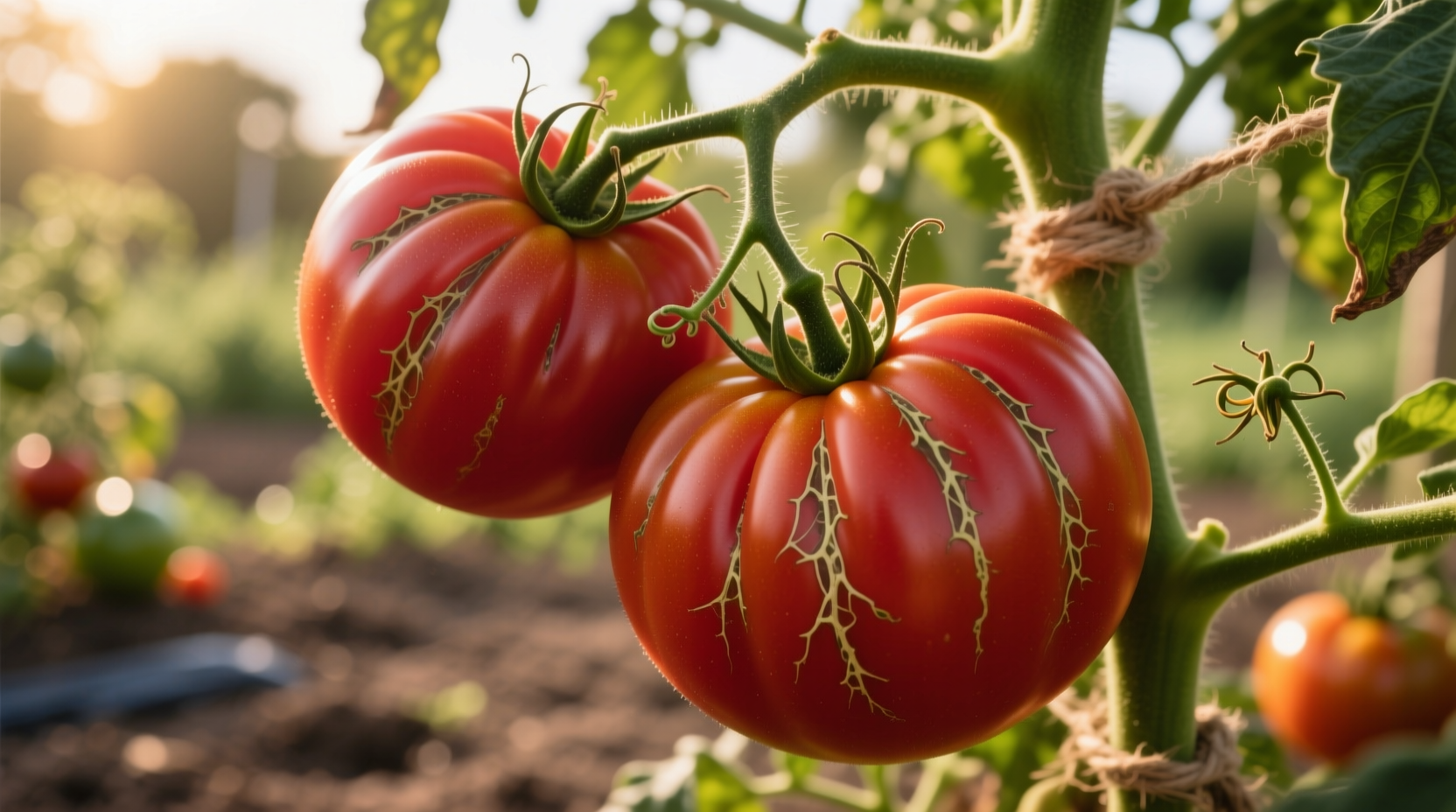 Ripe heirloom beefsteak tomatoes on vine with characteristic ribbing