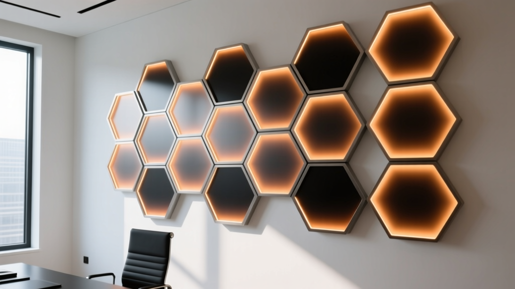 A sleek home office wall featuring hexagonal LED smart panels glowing in deep amber and black, mimicking a high-tech superhero command center.