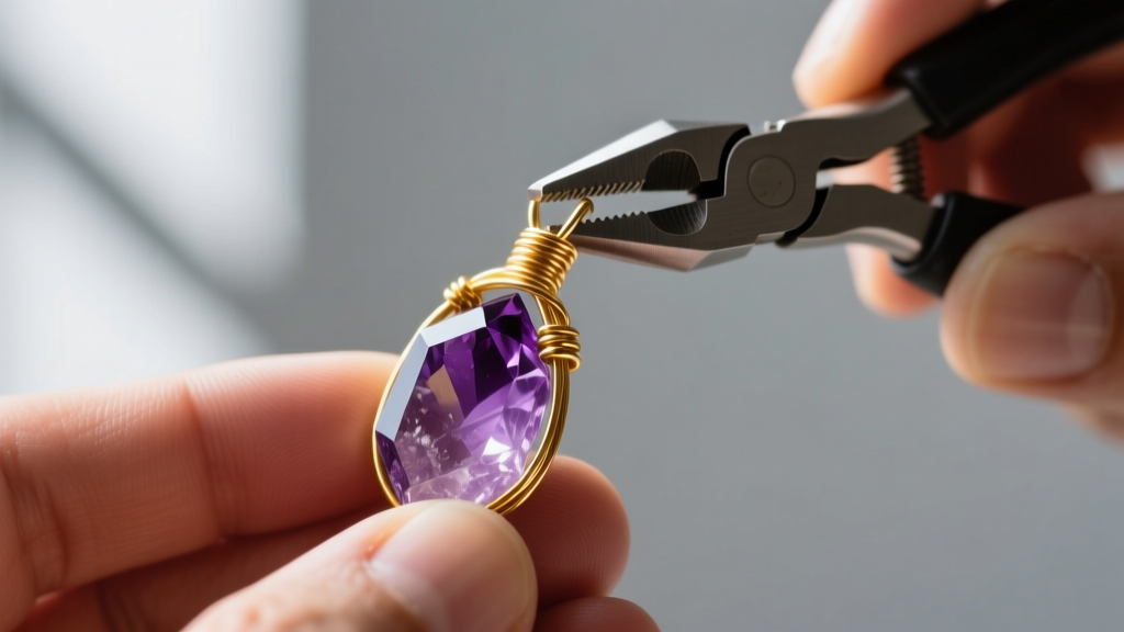Close-up of hands using nylon jaw pliers to wrap 20-gauge 14k gold-filled wire around a raw amethyst crystal pendant.