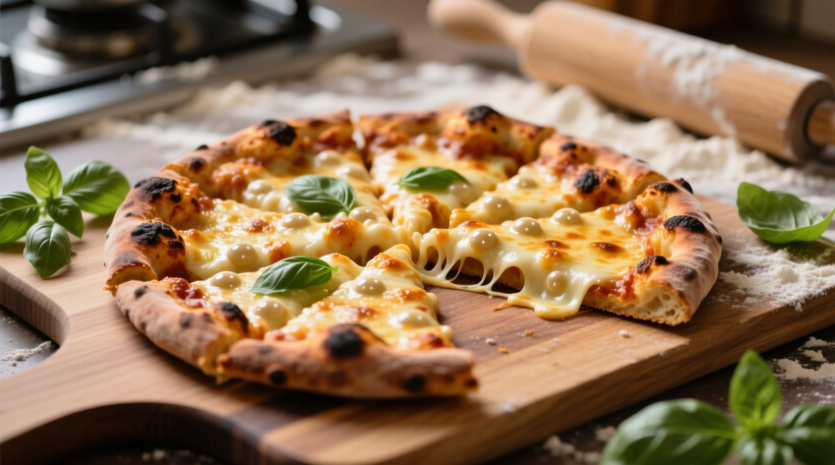 Homemade pizza with bubbling cheese and crispy crust