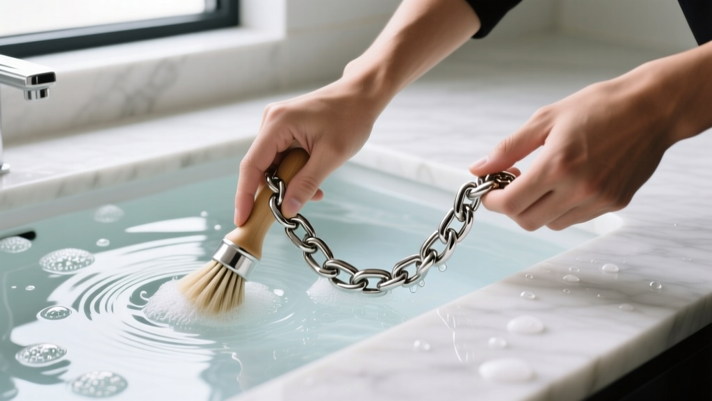 Hands brushing a thick stainless steel hip-hop chain with a soft brush in soapy distilled water on a white marble counter.