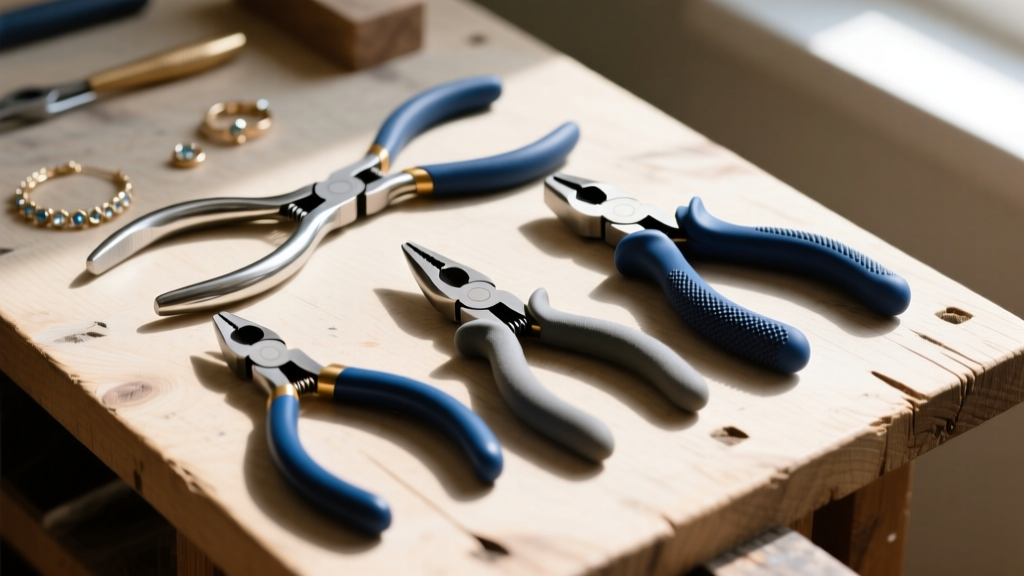 A flat lay of budget jewelry tools on a wooden workbench, featuring steel pliers, flush cutters, and nylon jaw pliers.