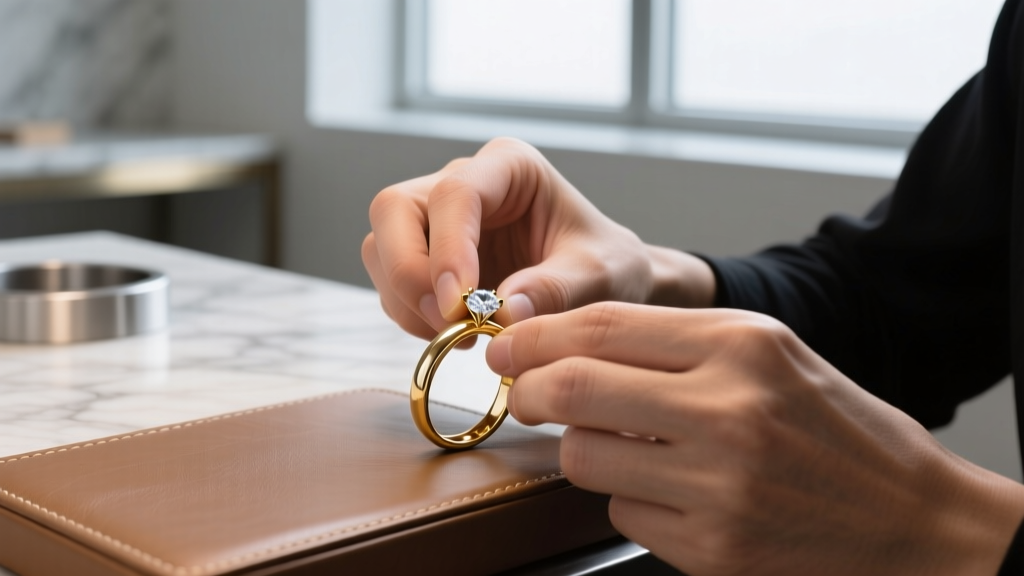Jeweler's loupe examining a 14k hallmark stamped on the post of a small gold bezel-set diamond holiday stud earring on a dark mat.