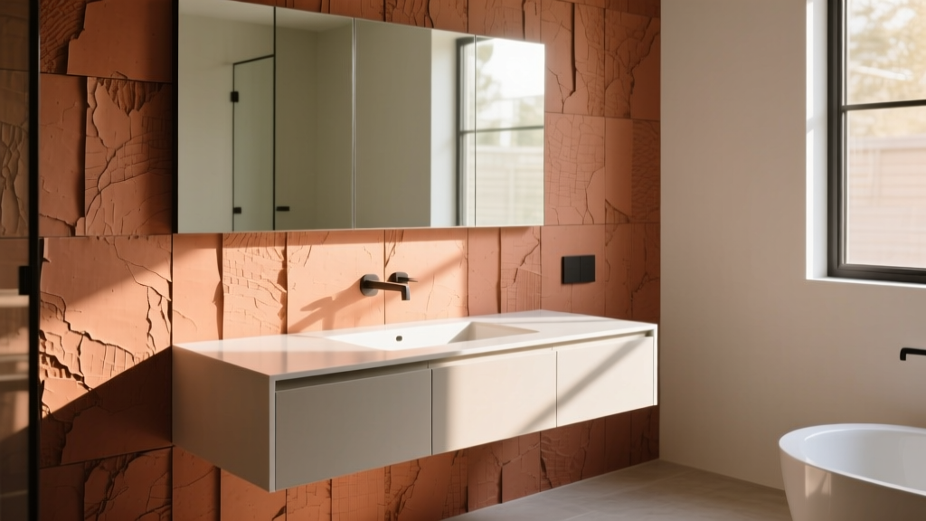 Textured recycled paper composite wall panels in terracotta tones behind a modern floating vanity in a sunlit bathroom.