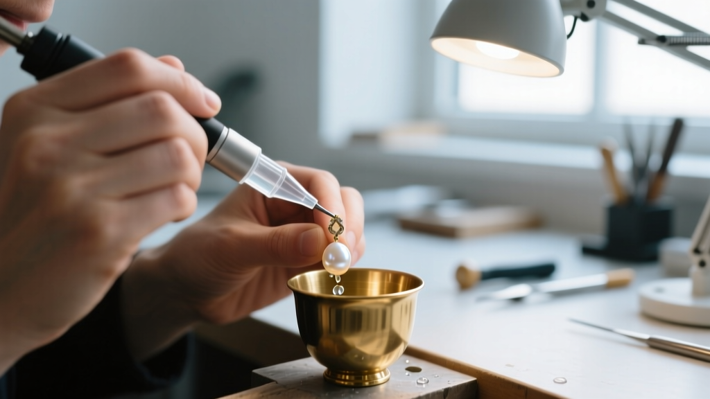 Jeweler using a micro-applicator to apply two-part clear epoxy into a small brass cup setting for a pearl drop earring repair.