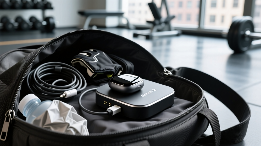 The Sensate 2 pebble and its charging dock sitting inside a messy gym bag, highlighting the vulnerability of the magnetic pogo-pin connectors.