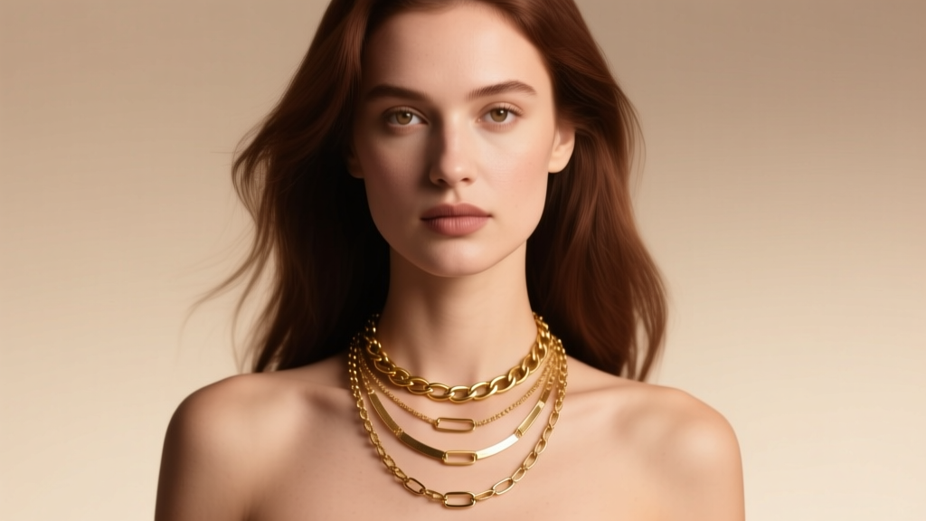 Woman wearing a layered necklace stack with a vintage gold chain and delicate modern 14k gold links under warm studio light