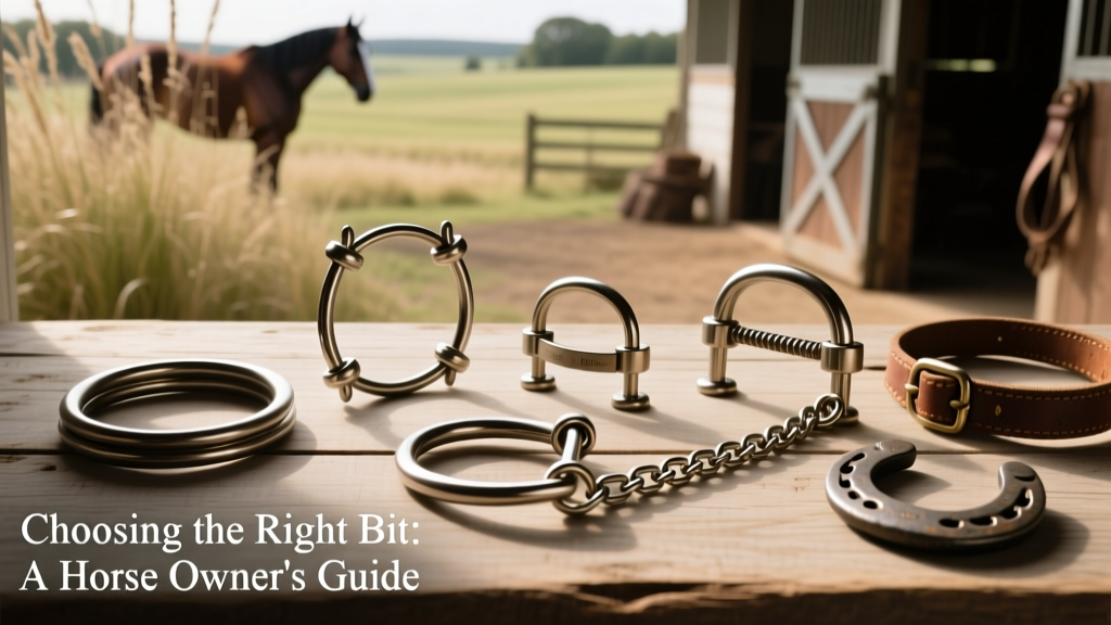 Assortment of common bit types laid out neatly: snaffle, pelham, and mechanical hackamore