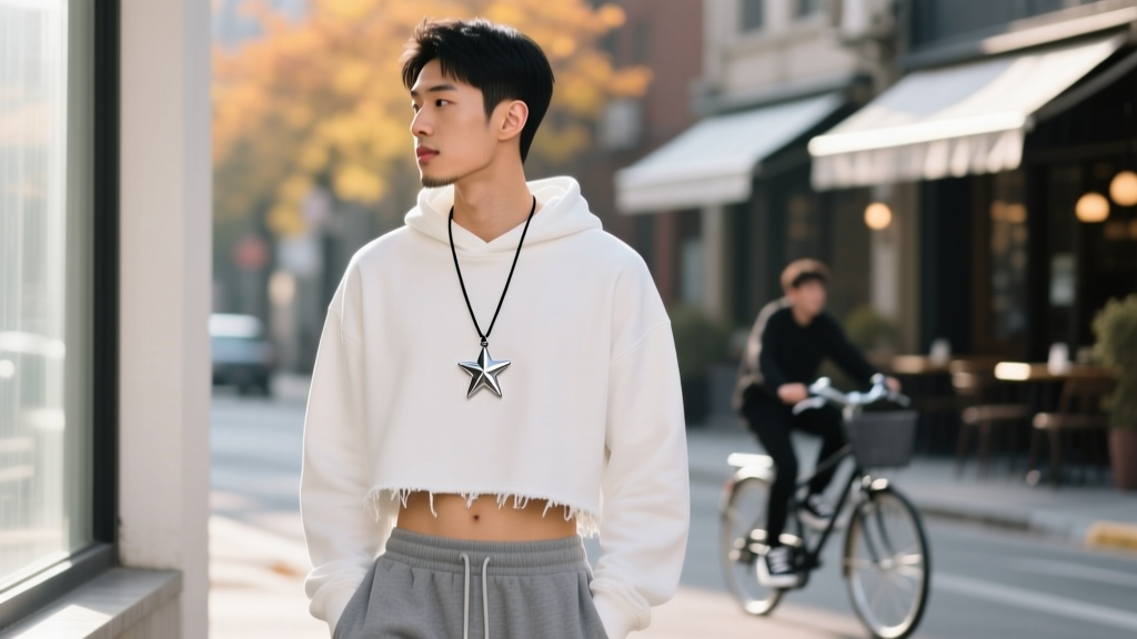 Side profile of a man wearing a minimalist stainless steel star pendant on a black cord, showcasing casual everyday streetwear.