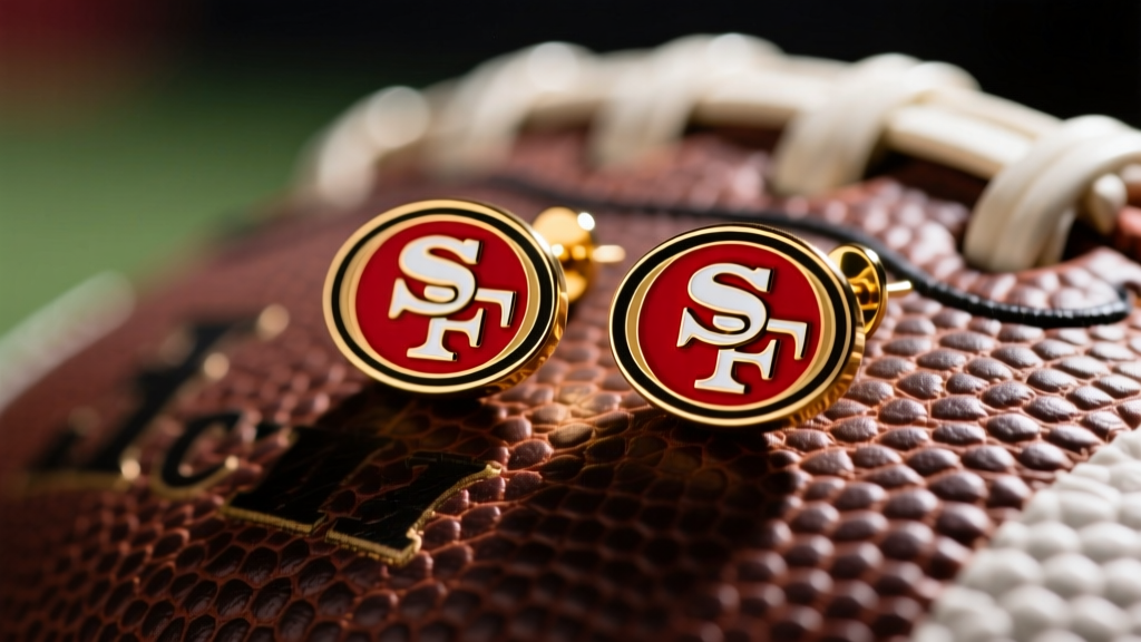 Macro shot of red and gold 49ers enamel stud earrings on a leather football under bright stadium lighting, crisp jewelry photo