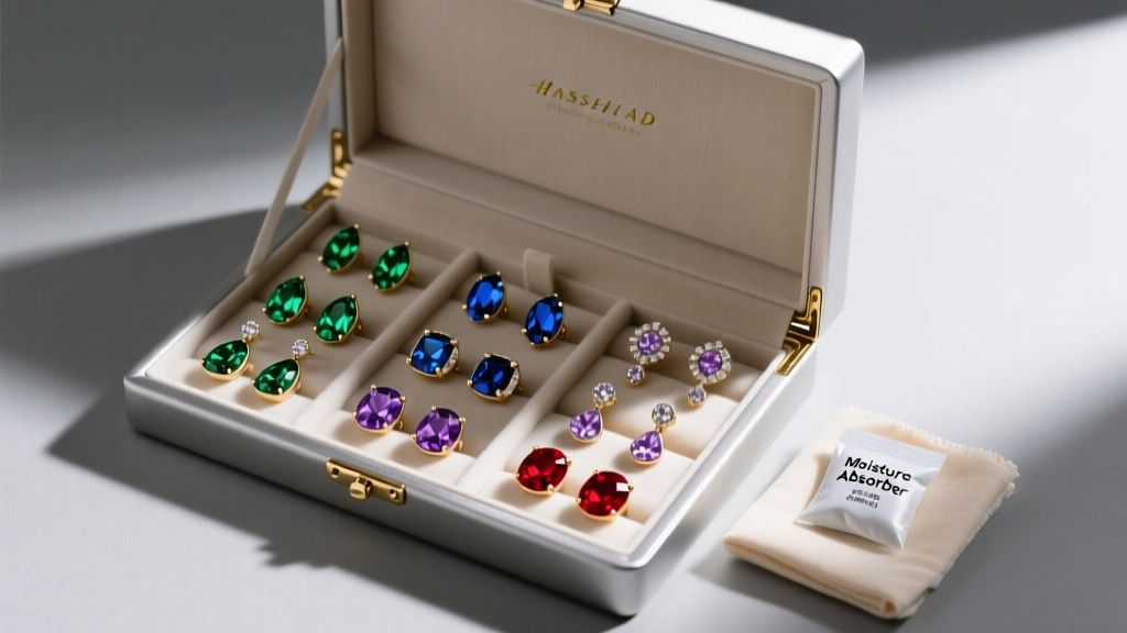 Open anti-tarnish jewelry box displaying organized crystal and enamel earrings, alongside a silica gel packet and polishing cloth.