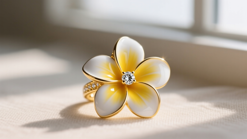 Macro shot of 14k yellow gold plumeria pendant featuring hand-painted white and yellow vitreous enamel petals and diamond center