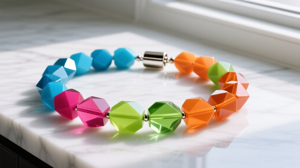 A brightly colored acrylic bead necklace with large chunky beads and a secure magnetic clasp laid out on a white marble countertop