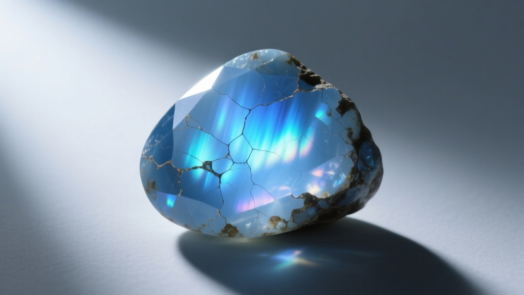 Macro shot of a high-grade Ceylon blue moonstone showing strong adularescence, illuminated by a single directional light source