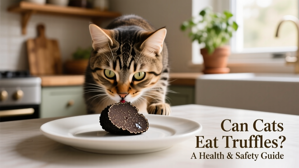 A curious cat sniffing a small, clean slice of fresh truffle on a ceramic plate