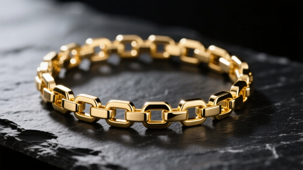 Macro photography of a 0.9mm 14k yellow gold box chain resting on dark slate, highlighting its interlocking square metal links.