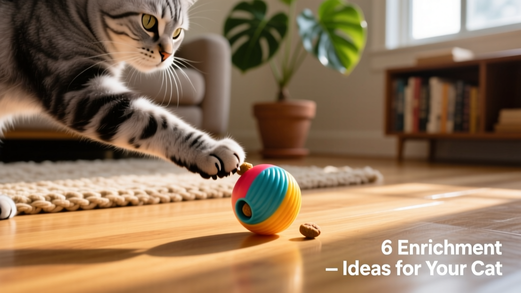 Close-up of a cat’s paw pushing a treat-dispensing ball across a hardwood floor