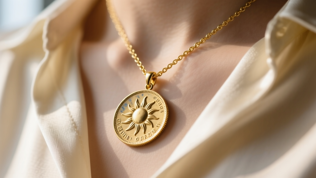 Close-up of an antique coin pendant with a sun motif on an 18k gold vermeil cable chain resting on a cream silk blouse neckline.