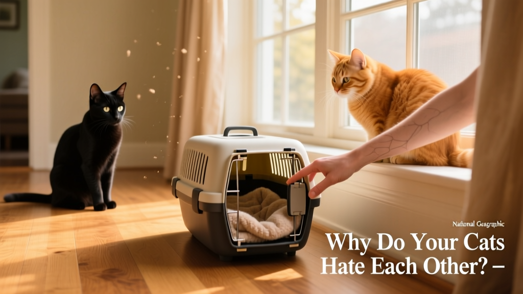 A gentle hand placing a cat carrier near a sunny window, symbolizing thoughtful transition planning