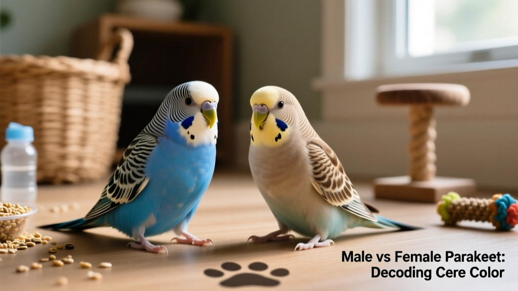 Side-by-side comparison of a male and female budgie showing clear cere color differences