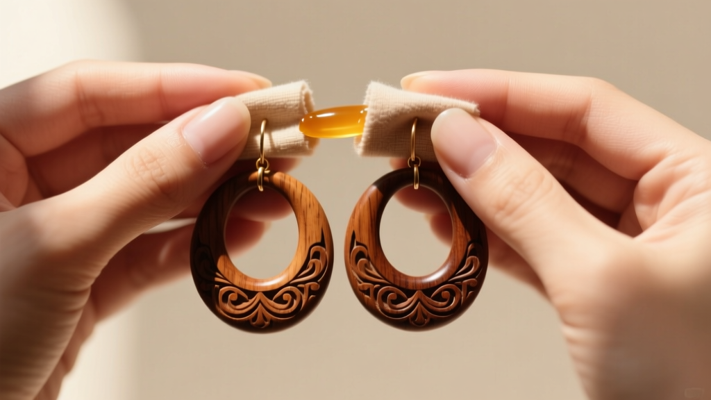 Close-up of hands using a microfiber cloth and wax to gently polish a pair of large, beautifully carved teak wood hoop earrings.