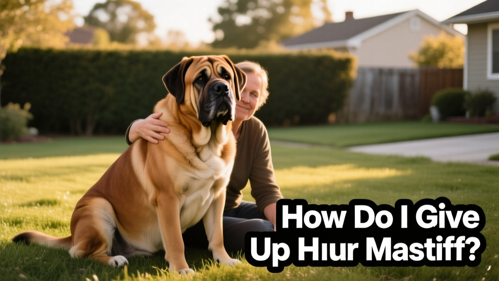 A calm, gentle Mastiff sitting beside its owner on a grassy yard