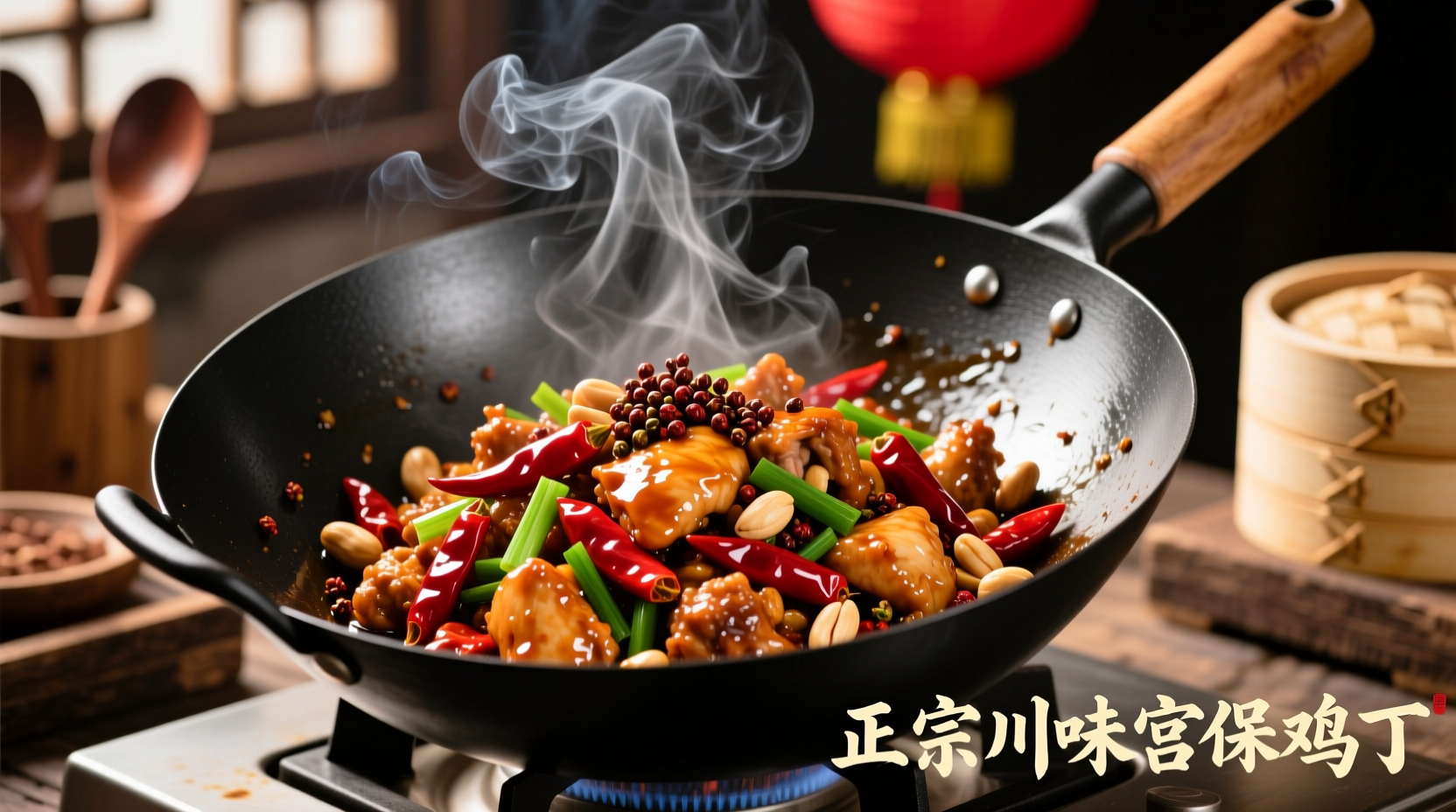 Traditional Kung Pao Chicken in wok
