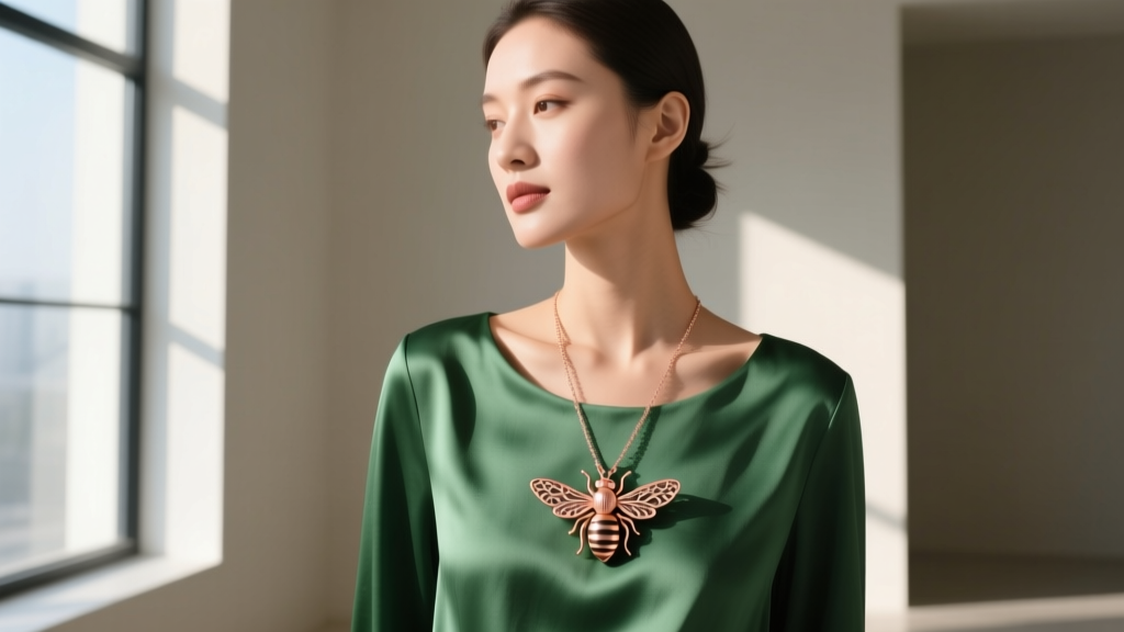 Woman wearing a 16-inch rose gold bee pendant over a green silk scoop-neck blouse, lit by soft, diffused natural window light.