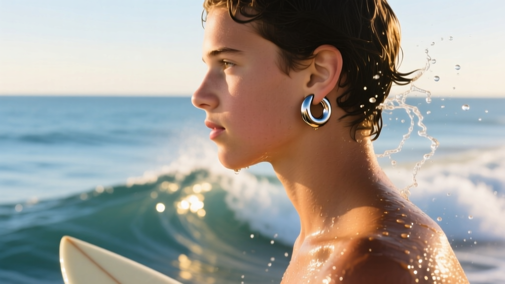 Side profile of a surfer wearing a minimalist Grade 23 titanium huggie earring, sea spray and sunlight reflecting off the metal.