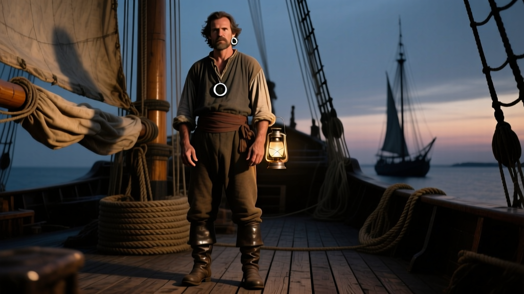Portrait of an 18th-century sailor wearing a silver hoop earring, lit by moody, warm lantern light on a wooden ship deck.